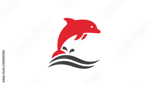 Red dolphin jumping out of water waves