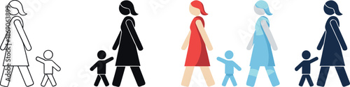 Mother and child walking icons set illustrating parenthood, family care, childcare responsibility, motherhood stages, and everyday parenting lifestyle concepts in flat silhouette style