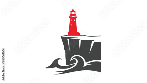A red lighthouse on a cliff with waves crashing