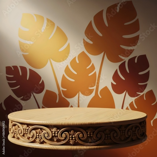 Light oak round wooden pedestal with carved edge and large flat-leaf botanical silhouettes in soft daylight