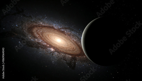 Ringed planet beside a galactic glowing edge