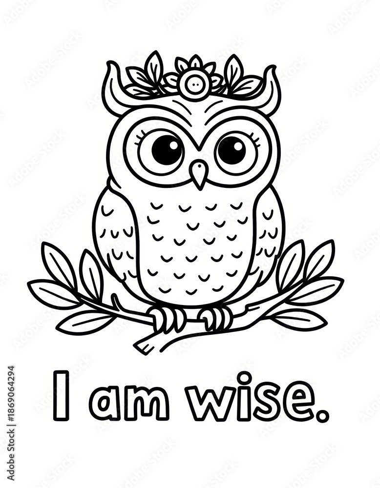 Fototapeta premium Cute Cartoon Owl with a Crown and Leaves in Black and White Coloring Page for Kids