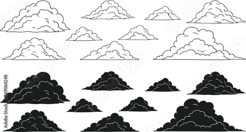 Hand drawn cartoon cloud collection with fluffy shapes in outline and solid styles, sky weather elements set, black and white vector illustration