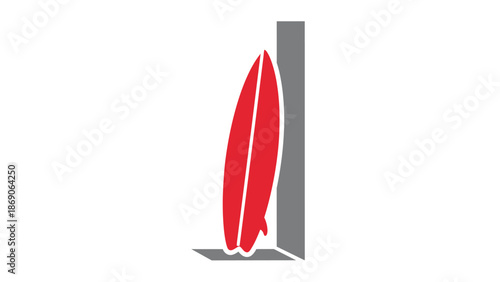Red surfboard leaning against gray wall