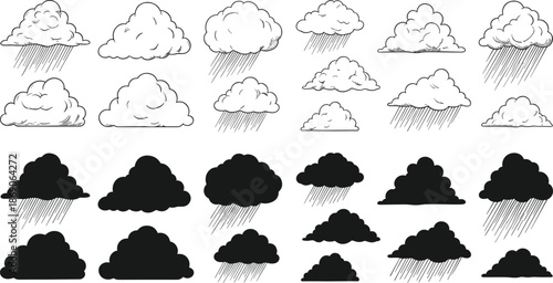 Hand drawn cloud and rain weather icon set, black and white sketch style, meteorology symbols collection, isolated vector illustration
