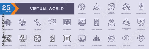 Virtual World icons collection vector images Thin Line set.
containingai digital world, immersive, real time interaction, social community and more.
for Web icons set.
