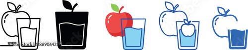 Apple juice icons set in flat and outline styles illustrating healthy drink, fresh fruit beverage, natural nutrition, and organic lifestyle concepts