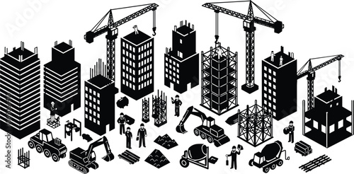 Isometric construction site silhouette with cranes, buildings, workers, and heavy machinery, urban development process, black and white vector illustration set