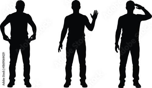 Male human silhouette set showing standing waving and saluting poses isolated black vector illustration for infographic signage and design use