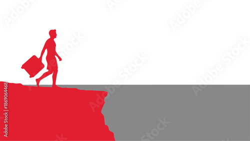 Silhouette of a person stepping off a cliff with a briefcase in hand