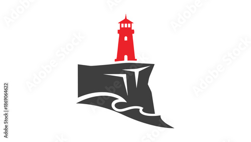 A red lighthouse on a rocky cliff