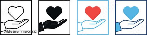 Charity donation and care icons set showing hand holding heart symbol, love support, kindness gesture, humanitarian help, and social responsibility concepts