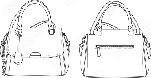 Fashion handbag technical sketch, front and back view, designer purse drawing, stylish accessory blueprint, flat vector illustration