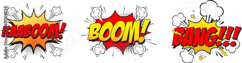 Comic Pop Art Explosion Sound Effects Set. Kaboom, Boom and Bang Comic Speech Bubble