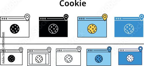 Cookie consent browser icons set showing website tracking, privacy notification, data collection approval, GDPR compliance, and user consent interface in modern flat style