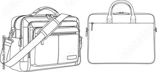 Shoulder bag and briefcase line drawing, multi-pocket and minimalist design comparison, fashion accessory sketch, flat vector illustration