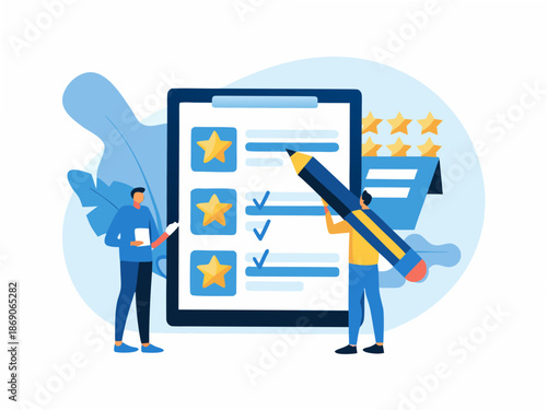 People evaluating and rating survey on large clipboard with stars