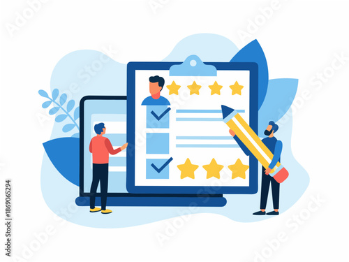 Two people evaluating a five-star review on a large clipboard