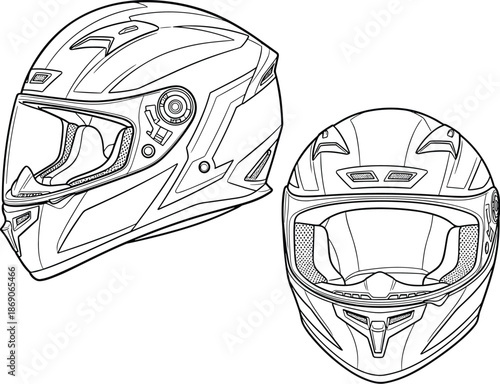 Motorcycle helmet technical drawing, front and side view sketch, safety gear design, aerodynamic visor detail, flat vector illustration
