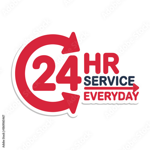 24 Hour Service Icon with Red Circular Arrows and Everyday Tagline for Round-the-Clock Availability Vector