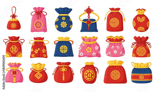 Asian fortune lucky bags and fabric purse icons flat vector set isolated on transparent background