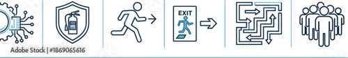 Emergency safety and evacuation icons set illustrating virus alert, fire protection, escape route, exit strategy, maze navigation, and crowd management concepts