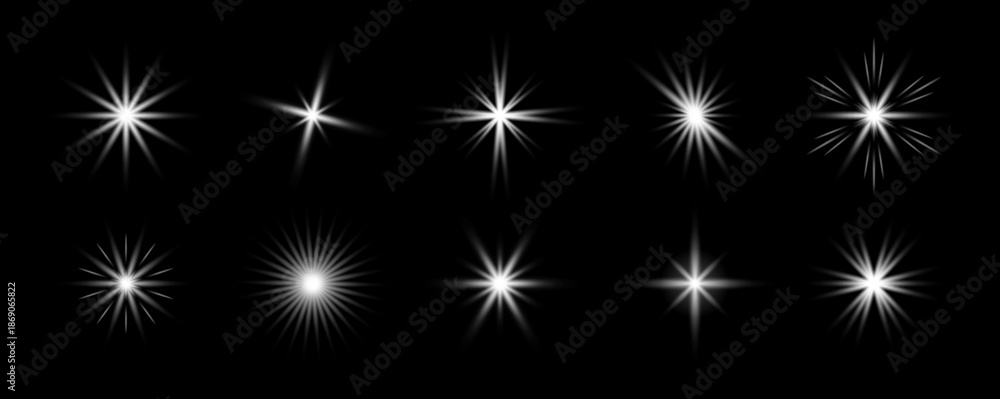 Fototapeta premium White glowing sparkle collection. Shining light flare effect set. Radiant sun beam burst bundle. Magical stars, twinkles and sparks glowing pack. Starlight rays radiance sun element group. Vector