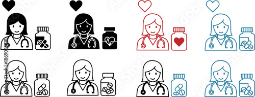 Female healthcare professional icons set showing doctor with medicine bottles, patient care, medical treatment, pharmacy support, and compassionate health service concepts