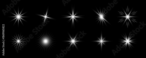 White glowing sparkle collection. Shining light flare effect set. Radiant sun beam burst bundle. Magical stars, twinkles and sparks glowing pack. Starlight rays radiance sun element group. Vector