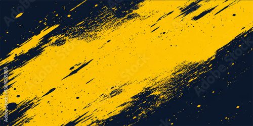 Abstract yellow grunge background featuring a watercolor paint splash design with ink splatter textures and black brush stroke stains on a dirty liquid pattern backdrop