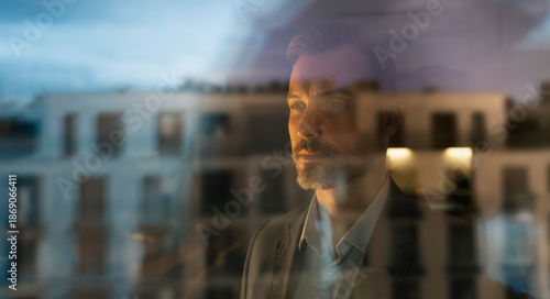 Man reflecting, looking out city window at sunset
