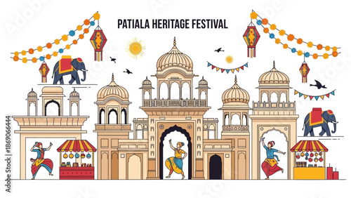 Vector illustration of Patiala Heritage Festival in India, featuring a colorful building with dancers and elephants under festive lights.