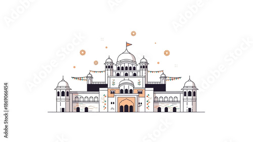 Vector illustration of a white building with orange accents during Patiala Heritage Festival in INDIA, showcasing architectural details with a celebratory mood.
