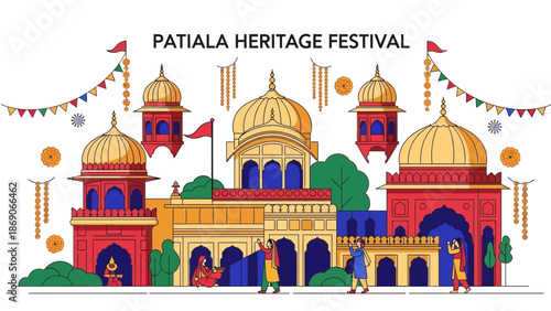 Vector illustration of a vibrant Indian festival scene with a historic building, colorful decorations, and people in traditional attire, showcasing Patiala Heritage Festival in India.