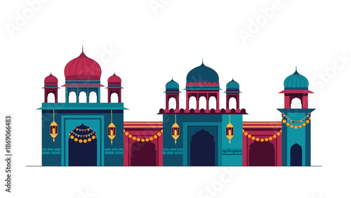 Vector illustration of a vibrant Indian festival architectural facade with Patiala Heritage elements, featuring colorful domes and ornate decorations against a white background.