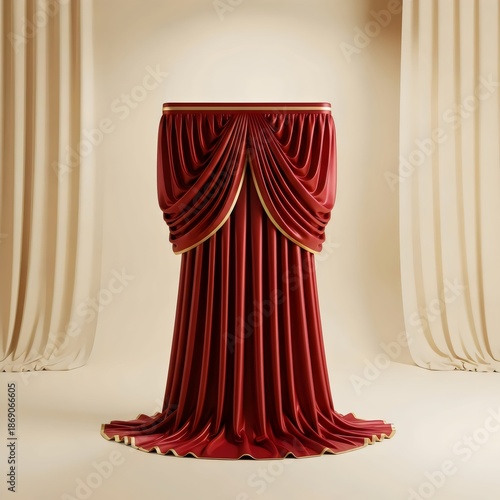 Elegant podium wrapped in deep red silk with pleats and gold trim against soft cream backdrop, warm lighting
