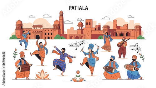 Vector illustration of traditional Indian dancers performing in front of a Patiala Heritage cityscape during a vibrant festival in India.