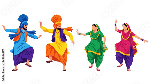 Vector illustration of four dancers in traditional Patiala attire performing a festive dance during a vibrant INDIA celebration with colorful costumes.