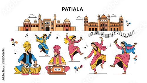 Vector illustration of traditional Indian dancers and musicians performing in front of Patiala Heritage architecture during a vibrant festival in India.