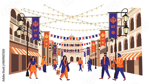 Vector illustration of people celebrating Patiala Heritage Festival in a colorful Indian street with decorations and traditional attire.