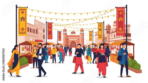 Vector illustration of a vibrant festival scene in Patiala Heritage, INDIA, with people walking and celebrating under colorful string lights and banners.
