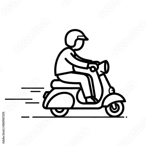 Line art illustration of a delivery man riding a fast scooter or moped for food and package delivery service.