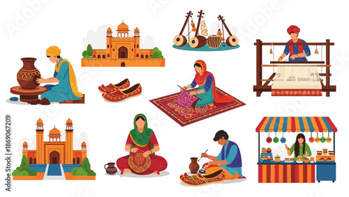 Vector illustration of Patiala Heritage Festival in INDIA with people engaging in traditional activities and crafts against a white background.