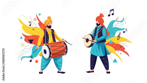 Vector illustration of two musicians playing traditional Indian instruments during Patiala Heritage Festival in INDIA with vibrant colors and dynamic musical notes.