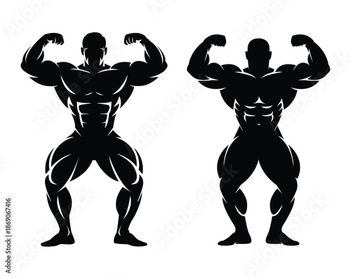 Two muscular figures flexing their biceps in a powerful display of strength and fitness