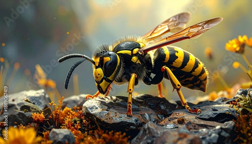 Detailed Close-Up of a Wasp on a Rock with Yellow and Black Stripes in Nature.