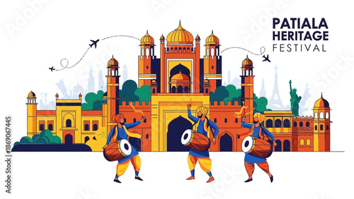 Vector illustration of dancers performing in front of a historic Indian building during the Patiala Heritage Festival in India.