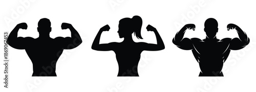 Three strong silhouettes showcasing their muscular physique while confidently flexing their arms against a plain background