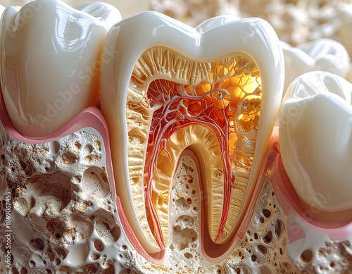 Detailed Cross-Sectional View of a Human Tooth, Anatomy and Structure.