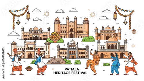 Vector illustration of traditional Indian dancers performing in front of historic buildings during the Patiala Heritage Festival in India.